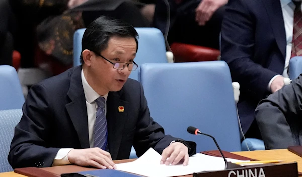 Dai Bing, China's deputy ambassador to the United Nations, speaks during a Security Council meeting at United Nations headquarters, February 24, 2023 (AP)