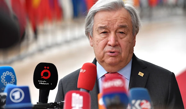 United Nations High Commissioner for Refugees Antonio Guterres speaks with the media as he arrives for an EU summit at the European Council building in Brussels, Thursday, March 23, 2023. (AP)