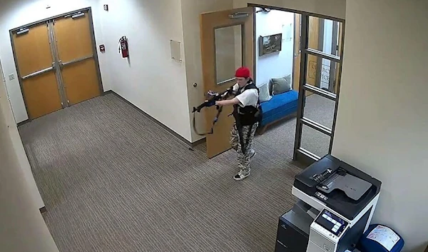 A screenshot from the footage released by the Nashville PD of the shooting at the Tennessee school on March 27, 2023 (AFP)