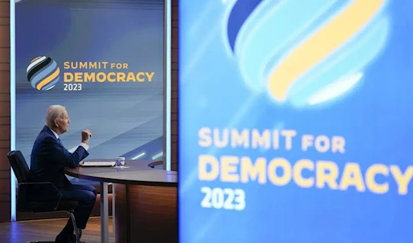 President Joe Biden speaks during a Summit for Democracy virtual plenary in the South Court Auditorium on the White House campus, Wednesday, March 29, 2023, in Washington. (AP)