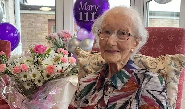 Mary Keir celebrating her 111th birthday, Awel Tywi Care Home in Llandeilo, Carmarthenshire.