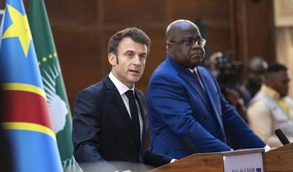 French head of State Emmanuel Macron and Congolese President Félix Tshisekedi in Kinshasa, photographed on March 4, 2023. (AP)