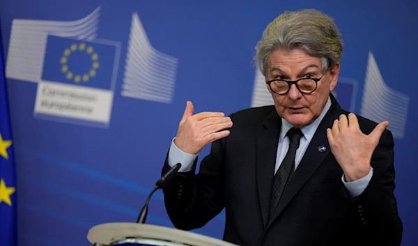 European Commissioner for Internal Market Thierry Breton speaks during a signature ceremony regarding the Chips Act at EU headquarters in Brussels, on February 8, 2022 (AP).