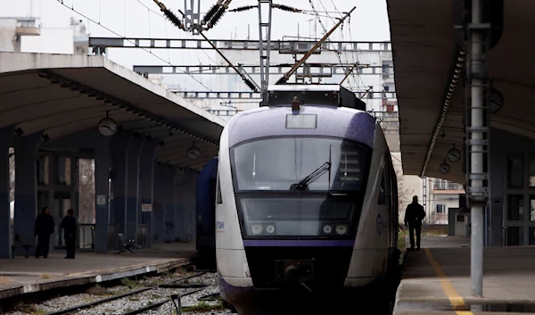 A train remains parked at the station during a strike in the port city of Thessaloniki, northern Greece, Thursday, March 2, 2023. (AP)