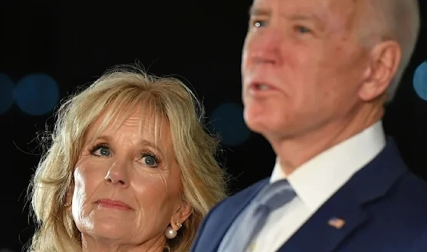 President Joe Biden speaks, flanked by his wife Jill Biden, at the National Constitution Center in Philadelphia. (AFP)