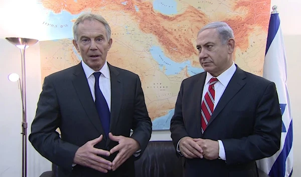 Israeli occupation Prime Minister Benjamin Netanyahu with then-Middle East Quartet envoy and former British Prime Minister Tony Blair, on June 17, 2014 (Youtube screen cap)