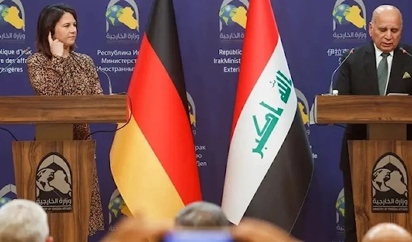 Germany’s Foreign Minister Annalena Baerbock and Iraq’s Foreign Minister Fuad Hussein attend a joint news conference, in Baghdad, Iraq, on March 7, 2023. (Reuters)