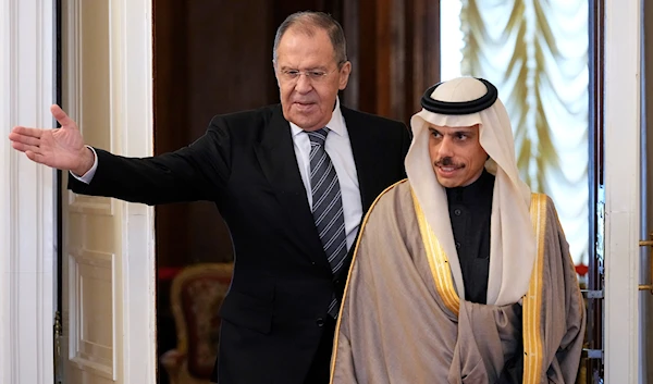 Russian Foreign Minister Sergey Lavrov, welcomes Saudi Arabia's Foreign Minister Prince Faisal bin Farhan Al-Saud prior to their talks in Moscow, Russia, Thursday, March 9, 2023 (AP).