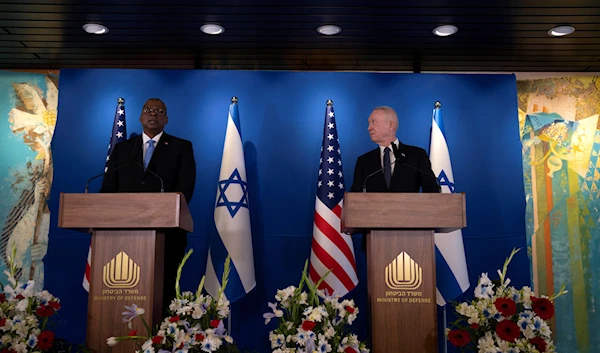 US Secretary of Defense Lloyd Austin, left, and Israeli Security Minister Yoav Gallant make a joint statement following their meeting at Ben Gurion International Airport, 'Tel Aviv', occupied Palestine, March 9, 2023 (AP Photo)