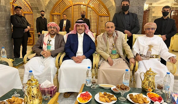 Saudi Ambassador to Yemen Mohammad Al-Jaber meets with Yemeni Supreme Political Council leader Mahdi Al-Mashat in Sanaa, Yemen, April 10, 2023