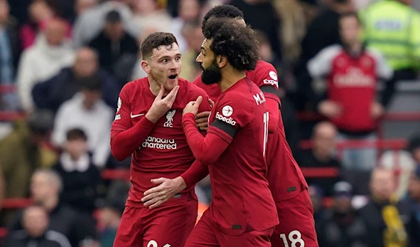 Lierpool's Andy Robertson furious after an incident involving the assistant referee, April 10, 2023 (AP)