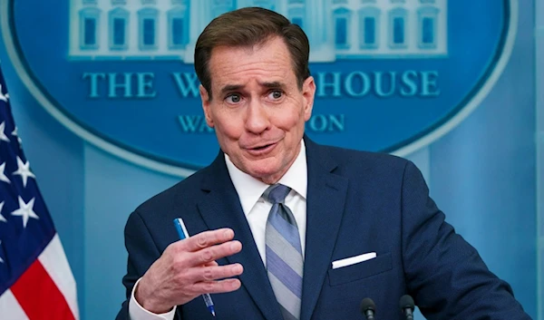 National Security Council spokesman John Kirby addresses reporters during the daily briefing at the White House on Monday, April 10, 2023.