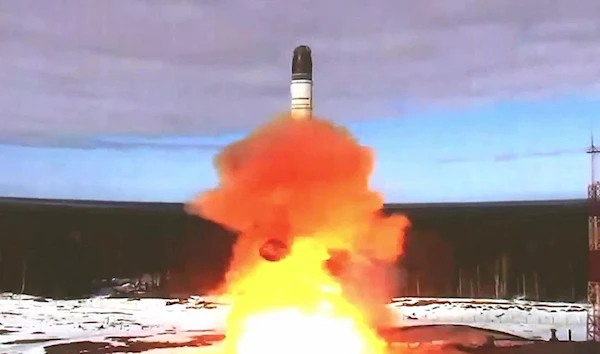 This grab made from a handout video footage released by the Russian Defense Ministry on 20 April, 2022 shows the launching of the Sarmat intercontinental ballistic missile at Plesetsk testing field, Russia. (AFP)