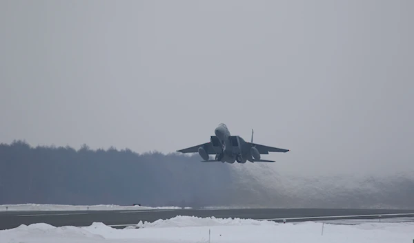 This photo released by the Joint Staff of Japanese Self-Defense Force, shows a F-15 warplane takes off during a bilateral exercise Sunday, Feb. 19, 2023. (AP)