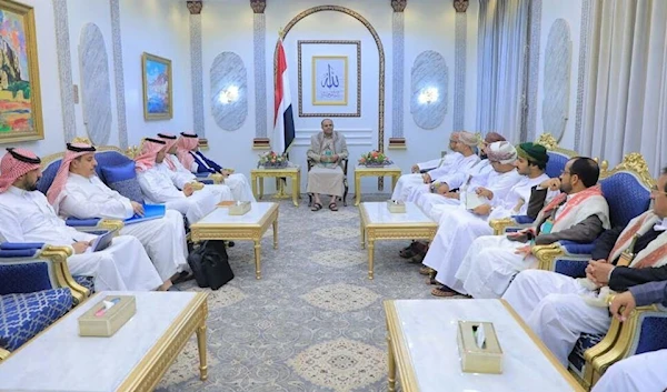 The Head of the Supreme Political Council, Mahdi al-Mashat, meets with Saudi and Omani delegations at the Republican Palace in Sanaa, Yemen April 9, 2023. (Reuters)