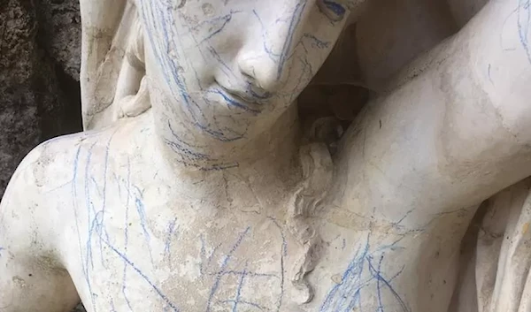 The statue of the Roman Naiade, Sabrina, has been vandalized with light blue crayon in Croome, Worcester on April 13, 2023. (National Trust)