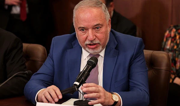 Israeli Finance Minister Avigdor Lieberman speaks at the weekly cabinet meeting, at the Prime Minister's office in Al-Quds, occupied Palestine, February 13, 2022 (AP)