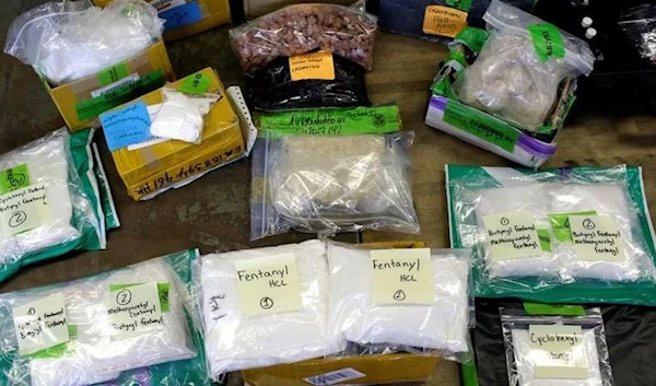 Plastic bags of Fentanyl are displayed on a table at the US Customs and Border Protection area at the International Mail Facility at O'Hare International Airport in Chicago, Illinois, US. (REUTERS)