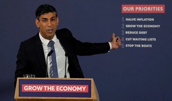 Britain's Prime Minister Rishi Sunak delivers a speech on ending the "anti-maths mindset" to boost economic growth at the London Screen Academy (LSA) in London, Monday, April 17, 2023 (AP Photo/Kirsty Wigglesworth, pool)