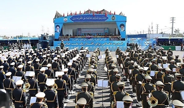 Iranian President Ebrahim Raisi makes a speech during parade to mark National Army Day in Tehran on April 18, 2023.