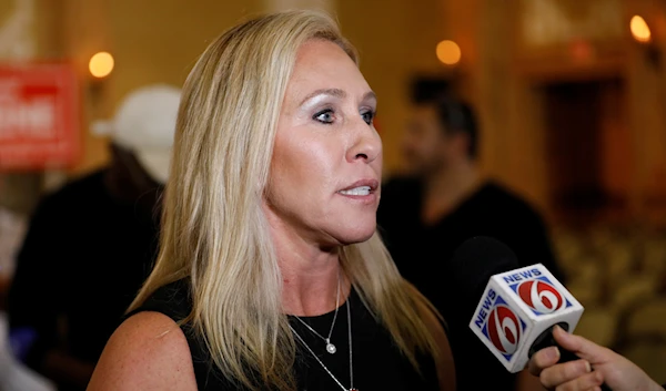 Georgia Congresswoman Marjorie Taylor Greene is interviewed during "America First" rally in The Villages, Florida, US on May 7, 2021 (Reuters)