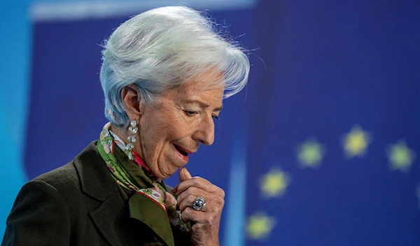 The President of European Central Bank Christine Lagarde attends a press conference following the meeting of the banks governing council in Frankfurt, Germany, Thursday, Feb. 2, 2023. (AP)