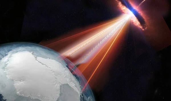 An artistic interpretation of a blazar directing neutrinos and cosmic rays toward earth. (NASA)