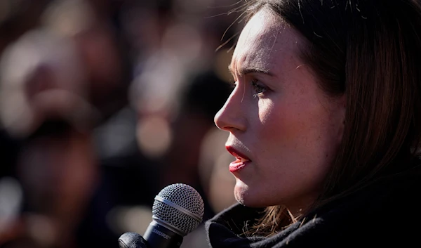 Finnish Prime Minister Sanna Marin addresses supporters during a campaign rally in Helsinki, Finland, Saturday, April 1, 2023.  (AP)