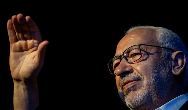 President of the Islamist party Ennahda and candidate for the upcoming Parliamentary election Rached Ghannouchi waves to supporters during a meeting in Tunis, Tunisia, Thursday, Oct. 3, 2019. (AP)