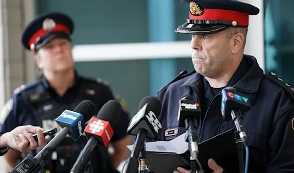 Peel Police Inspector Stephen Duivesteyn speaks to the media regarding a theft at Toronto Pearson International Airport in Mississauga, Ont., on Thursday, April 20, 2023.  (THE CANADA PRESS/Arlyn McAdorey)