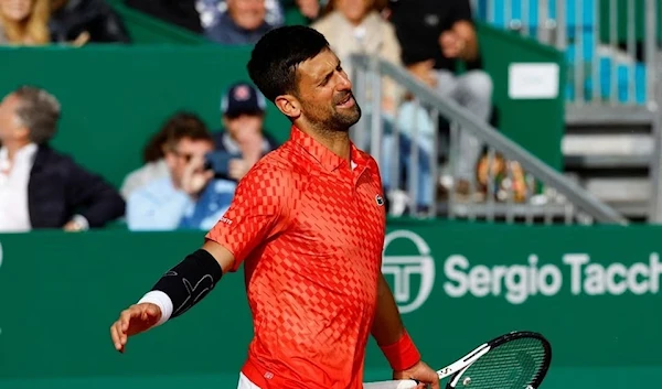 Serbian tennis star Novak Djokovic seen during his round of 16 match against Italian player Lorenzo Musetti, in the Monte Carlo Masters, Monte Carlo, France, 13 April 2023. (Reuters)