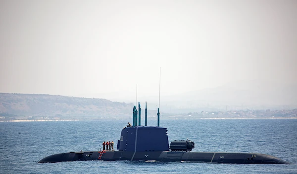 An Israeli Navy submarine is seen near Israel's offshore Leviathan gas field in the Mediterranean Sea, September 1, 2021 (AP)