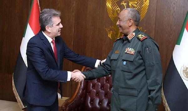 Sudan's sovereign council head General Abdel Fattah al-Burhan meets Israeli foreign minister Eli Cohen in Khartoum, Sudan February 2, 2023 (Reuters)