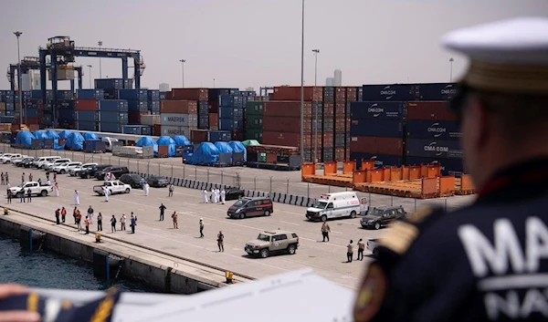 This photo provided by the French army shows the French warship Lorraine in the port of Jeddah, Saudi Arabia, Wednesday, April 26, 2023 (Roman Dupuy/Etat Major des Armees via AP)