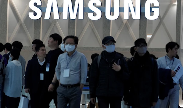 A logo of Samsung Electronics Co. is seen at the World IT Show 2023 at COEX in Seoul, South Korea, April 21, 2023 (AP)