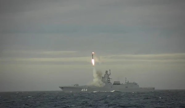 The Admiral Gorshkov vessel launches a hypersonic Zircon cruise missile in a test at the Barents Sea, retrieved from a video released by the Russian Defense Ministry, 28 May 2022, (Reuters)