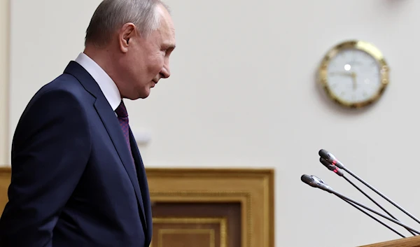 Russian President Vladimir Putin delivers a speech during a meeting of the Council of Legislators under the Russian Federal Assembly in St. Petersburg, Russia, April 28, 2023 (AP)