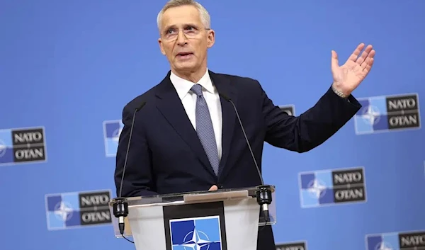 NATO Secretary General Jens Stoltenberg speaks during a media conference, ahead of a meeting of NATO foreign ministers, at NATO headquarters in Brussels, Monday, April 3, 2023. (AP)