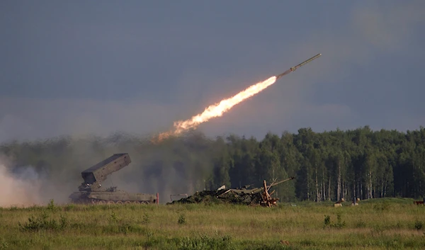 Russian TOS-1A Solntsepyok (Sunheat) heavy flame throwing launcher fires during the Army-2015 show at a shooting range in Alabino, outside of Moscow, Russia, on Tuesday, June 16, 2015. (AP)