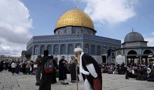 An elderly Palestinian takes part in Friday prayers at the Al-Qibli Mosque in the Al-Aqsa Mosque compound in the Old City of Jerusalem during the Muslim holy month of Ramadan, Friday, March 31, 2023 (AP).