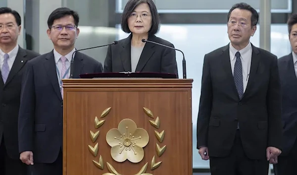 USIn this photo released by the Taiwan Presidential Office, Taiwan's President Tsai Ing-wen speaks before departing on an overseas trip at Taoyuan International Airport in Taipei, Taiwan, Wednesday, March 29, 2023 (AP)