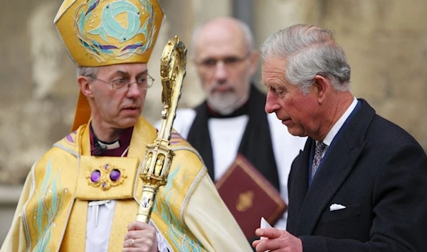 Then Prince of Wales Charles III speaks with the Archbishop of Canterbury Justin Welby following his Enthronement at Canterbury  Cathedral. (AP)