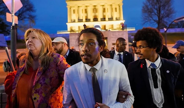 (Left to right) Rep. Gloria Johnson, former Rep. Justin Jones and former Rep. Justin Pearson leave the Tennessee State Capitol after the expulsion votes on April 6, 2023. (Reuters)