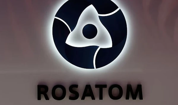 Board showing the logo of Russian nuclear Agency Rosatom at the St. Petersburg International Economic Forum (SPIEF), 16 June 2022, (Reuters)