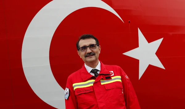 Turkey's Energy Minister Fatih Donmez poses in front of the Turkish drilling vessel Yavuz at Dilovasi port in the western city of Kocaeli, Turkey, June 20, 2019. (Reuters)