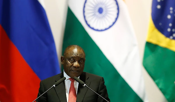 South Africa's President Cyril Ramaphosa speaks during the Leaders Dialogue with BRICS Business Council and the New Development Bank, at the Itamaraty Palace in Brasilia, Brazil, November 14, 2019 (AP)