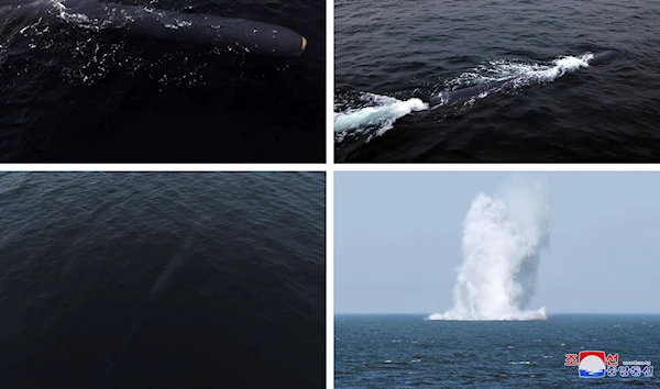 This combination of photos provided by the DPRK government, shows what it says a test of underwater strategic weapon system held during April 4 - 7, 2023 in the waters off South Hamgyong province, Democratic People's Republic of Korea. (AP)