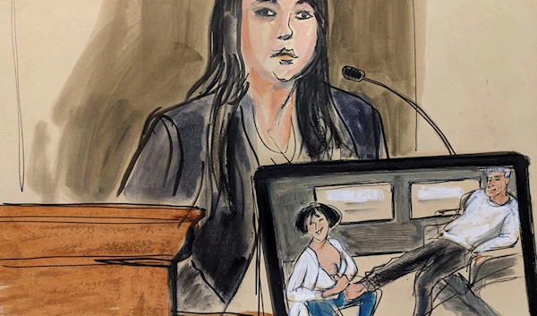 In this courtroom sketch, FBI analyst Kimberly Meder testifies during Ghislaine Maxwell's sex-abuse trial about a photo, shown on video, showing Maxwell, left, massaging Jeffery Epstein's foot at his home, Tuesday, Dec. 7, 2021, in New York. (AP)