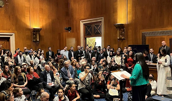 Democratic Rep. Rashida Tlaib speaking at the event commutating Nakba on May 11, 2023. (Twitter)