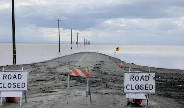 Water fills the Tulare Lakebed after days of heavy rain in Corcoran, California, on March 29, 2023. (Reuters)